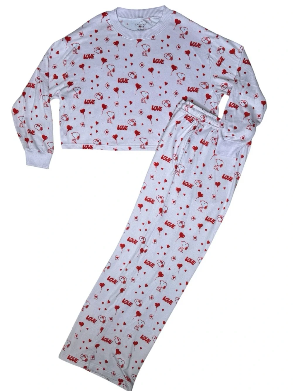 American Eagle Snoopy Valentine’s Plush Pajamas Set M Crop Top Pink Red Hearts